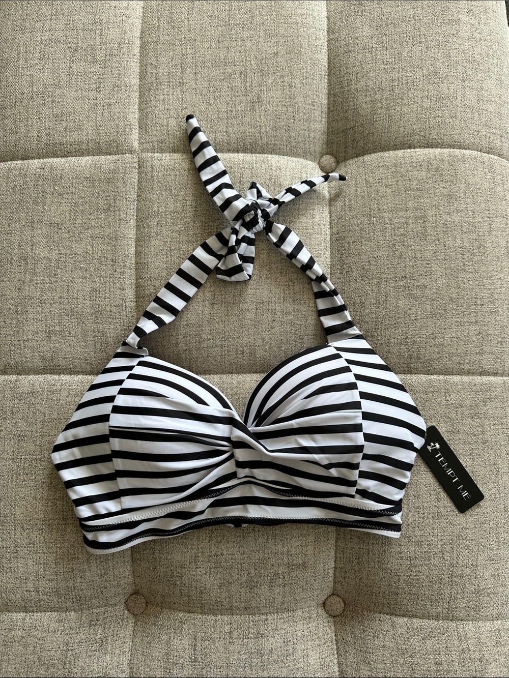 Tempt Me Black & White Striped Halter Bikini Top